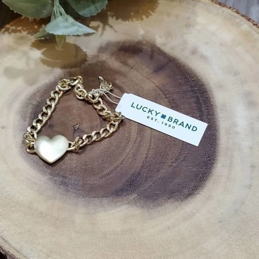 Lucky Brand Gold Tone Curb Chain‎ Heart Charm Link Bracelet NWT New